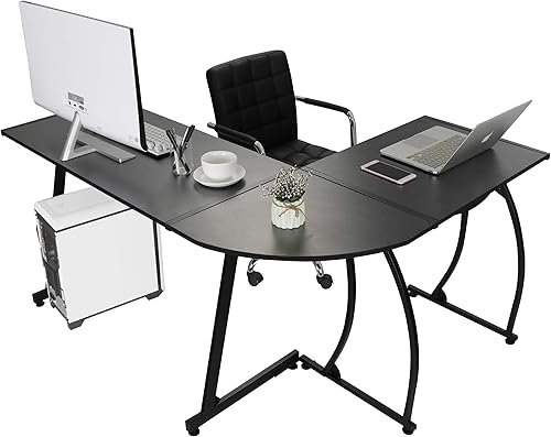 Miniatura 9 de Escritorio esquinero en forma de L para computadora con marco de acero, soporte para oficina en casa, estudio, escritura, estación de trabajo