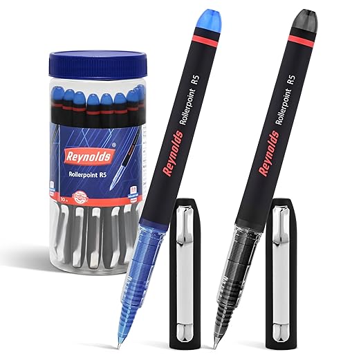 Reynolds R5 8 BLUE 2 BLACK RollerBall Pens| Roller PEN WITH COMFORTABLE GRIP | BLUE ROLLER BALL PENS FOR WRITING | PEN FOR PROFESSIONALS | 0.5 mm TIP SIZE