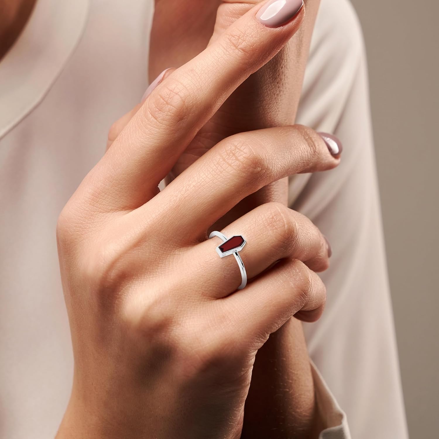 Coffin Shape Natural Gemstones Stackable Rings for Women in 925 Sterling Silver | Birthstone Jewelry Gifts for Her (Bezel-Set)