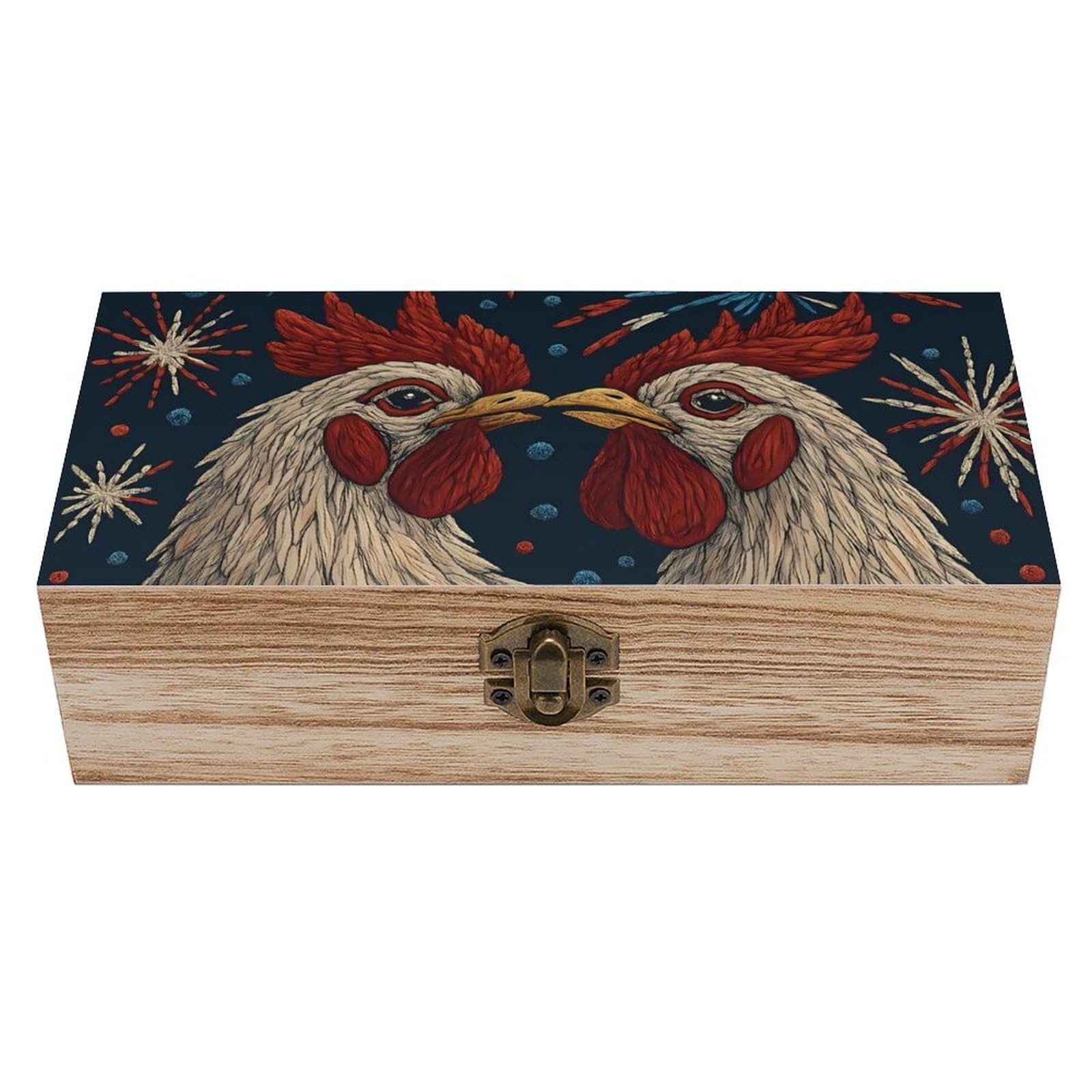 HLBSDM Rustic Chicken Couples Under Fireworks Retro Wooden Storage Box Jewelry Art Gift Boxs Decorative Keepsake Boxes