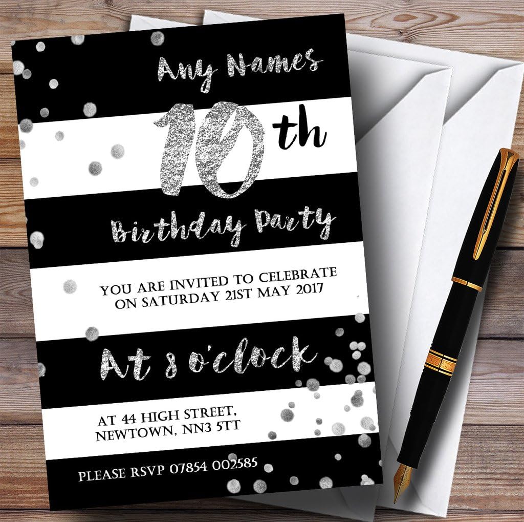 Black White Silver Confetti 10th Personalized Birthday Party Invitations