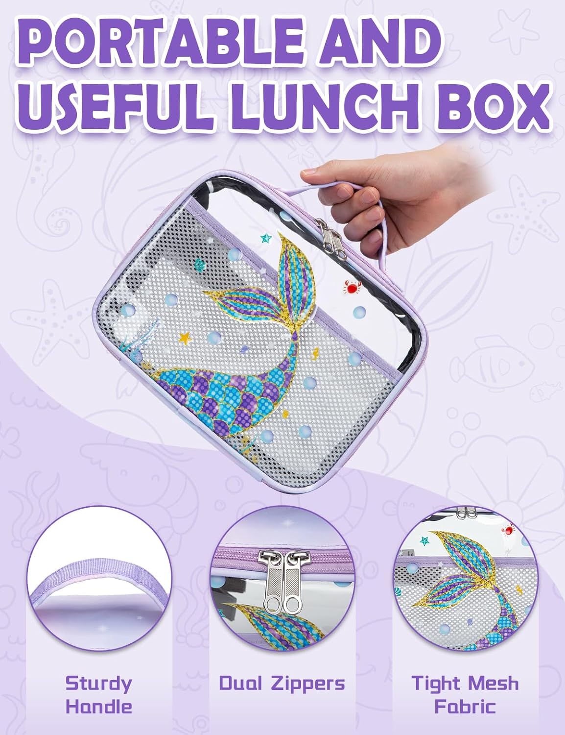 BLUEFAIRY Clear Backpack for School with Lunch Box for Kids Boys Girls Large PVC See Through Bookbag and Lunch Bag for Elementary 17 Inch Heavy Duty Transparent Bags for Stadium (Tail, Light Purple) - Image 7