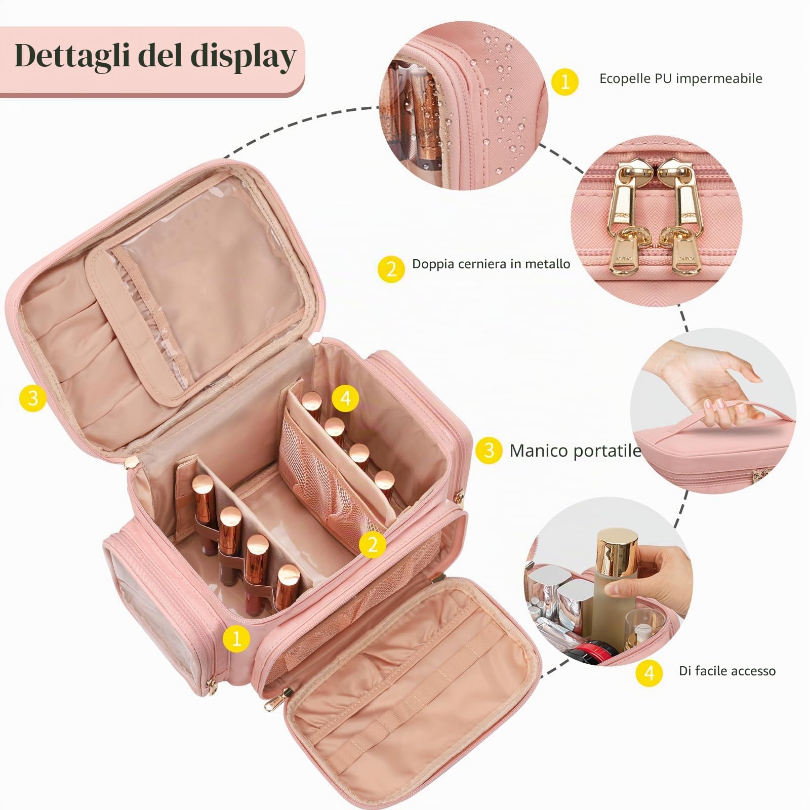 Grande trousse per il trucco da viaggio per donna con scomparto portapennelli, organizer portatile, Rosa