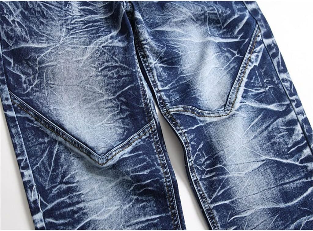 Snow Washed Patchwork Men's Straight Elastic Jeans Size Vintage Patch Slim Denim Long
