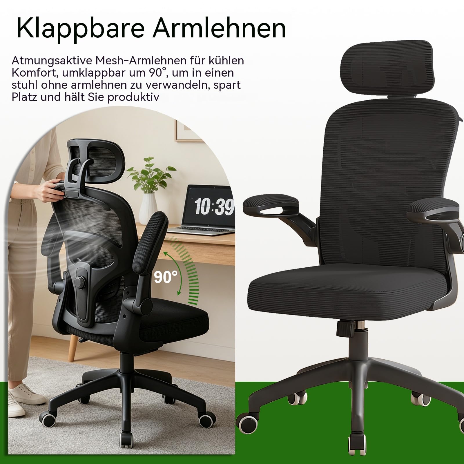 Ergonomischer Bürostuhl, Höhenverstellbarer Schreibtischstuhl – Drehstuhl mit Klappbaren Armlehnen, Atmungsaktivem Mesh, Verstellbarer Kopfstütze und Lendenwirbelstütze – für das Homeoffice, Schwarz