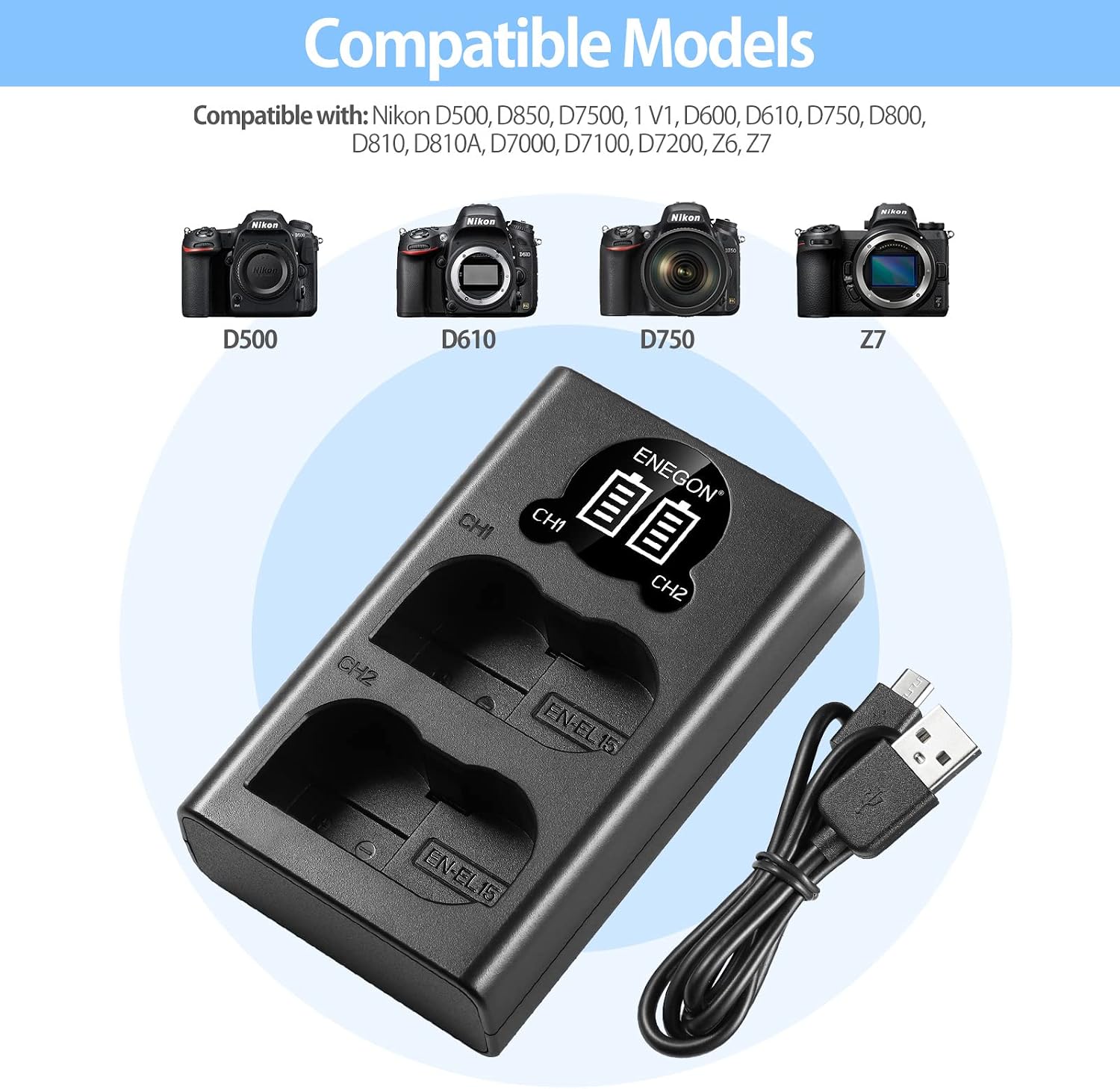 ENEGON EN-EL15 /EL15a/EL15b/EL15c LCD USB Charger Compatible with Nikon Z6, Z7,D7500 D7000, D7100, D7200 D500, D600, D610, D750,D780 D800, D810,D850 Digital Cameras