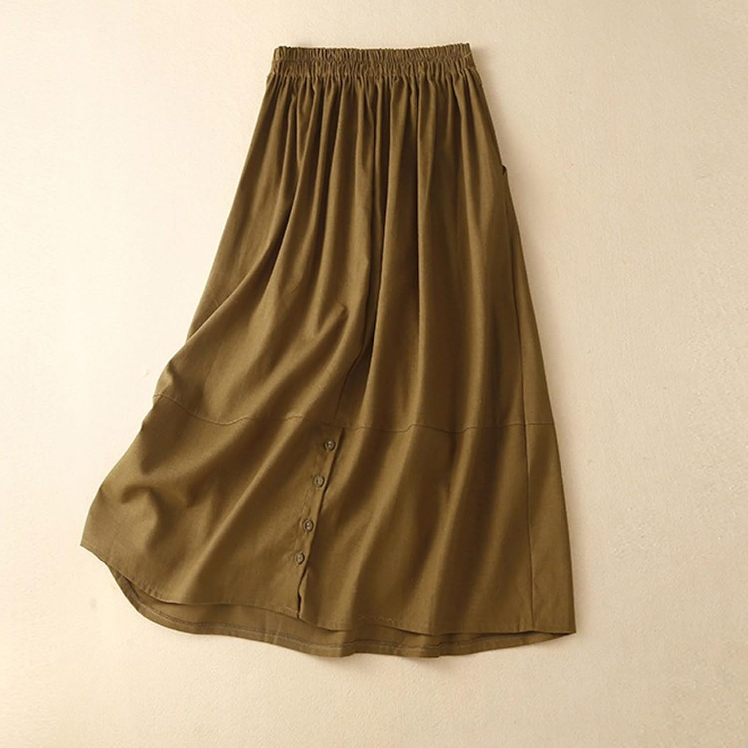 Womens Casual Cotton Linen A Line Skirts High Waist Flowy Business Casual Swing Pleated Long Skirt with Pockets