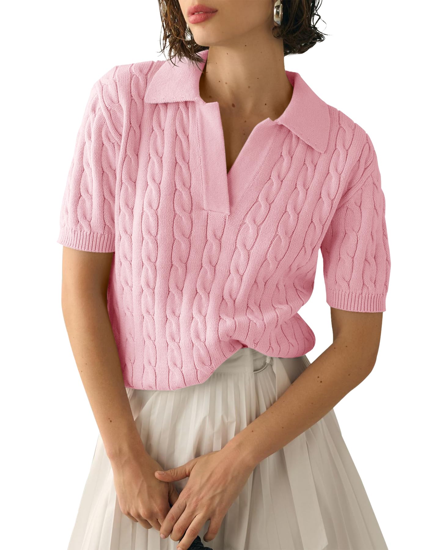 Pink Womens Cable Short Sleeve Sweaters Tops Lapel V Neck Knit Shirt