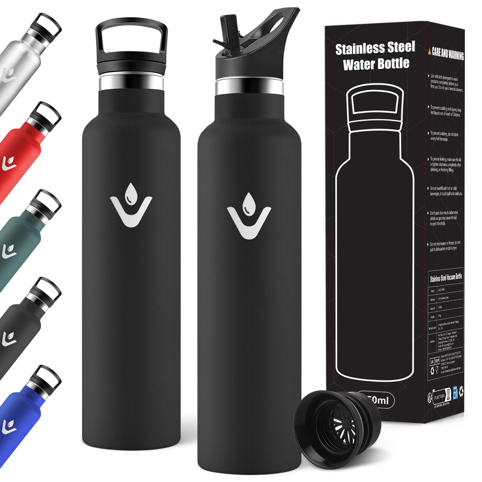 Motswedi Borraccia Termica 1 litro, Con 2 Tappi, Borraccia con Cannuccia, Doppia Parete, Bottiglia Termica, A Prova di Perdite, Bottiglia acqua Per Sport, Campeggio, Palestra, Nero