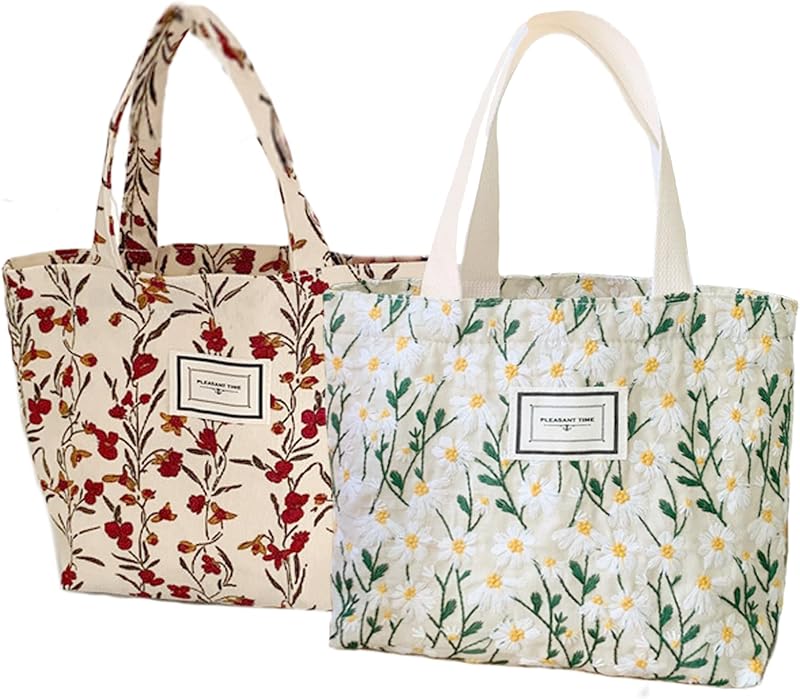 Kovewon Bolsa tote pequena de lona e veludo cotelê com bordado de margaridas, Branca com Margaridas, Pacote com 2