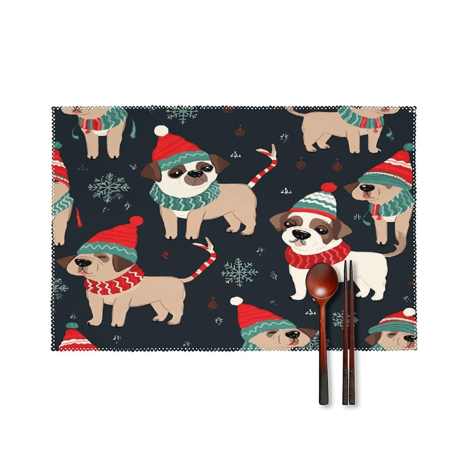 Merry Christmas Dog Placemats Set of 4 Canvas Place Mats Non-Slip Heat Resistant Table Mats Washable Waterproof Placemat Wipeable Tablemats for Kitchen Dining Decor Place Mat
