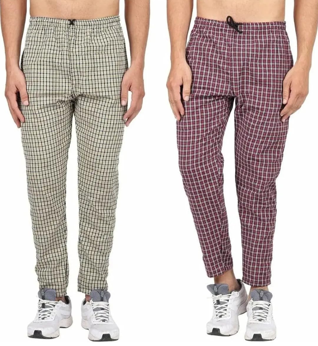 awala fashion Generic Men's Cotton Checkered Pajama, Pyjama, Blue, Red and Yellow (Pack of 2)-picture-4