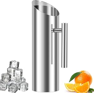 Smooth Silver Stainless Steel Water Pitcher with Ice Guard, Polished Drinking Pitcher, 1L/1.5L/2L Metal Water Pitchers for Restaurants, Restaurant Water Pitcher, Metal Pitcher (Silver 2L)
