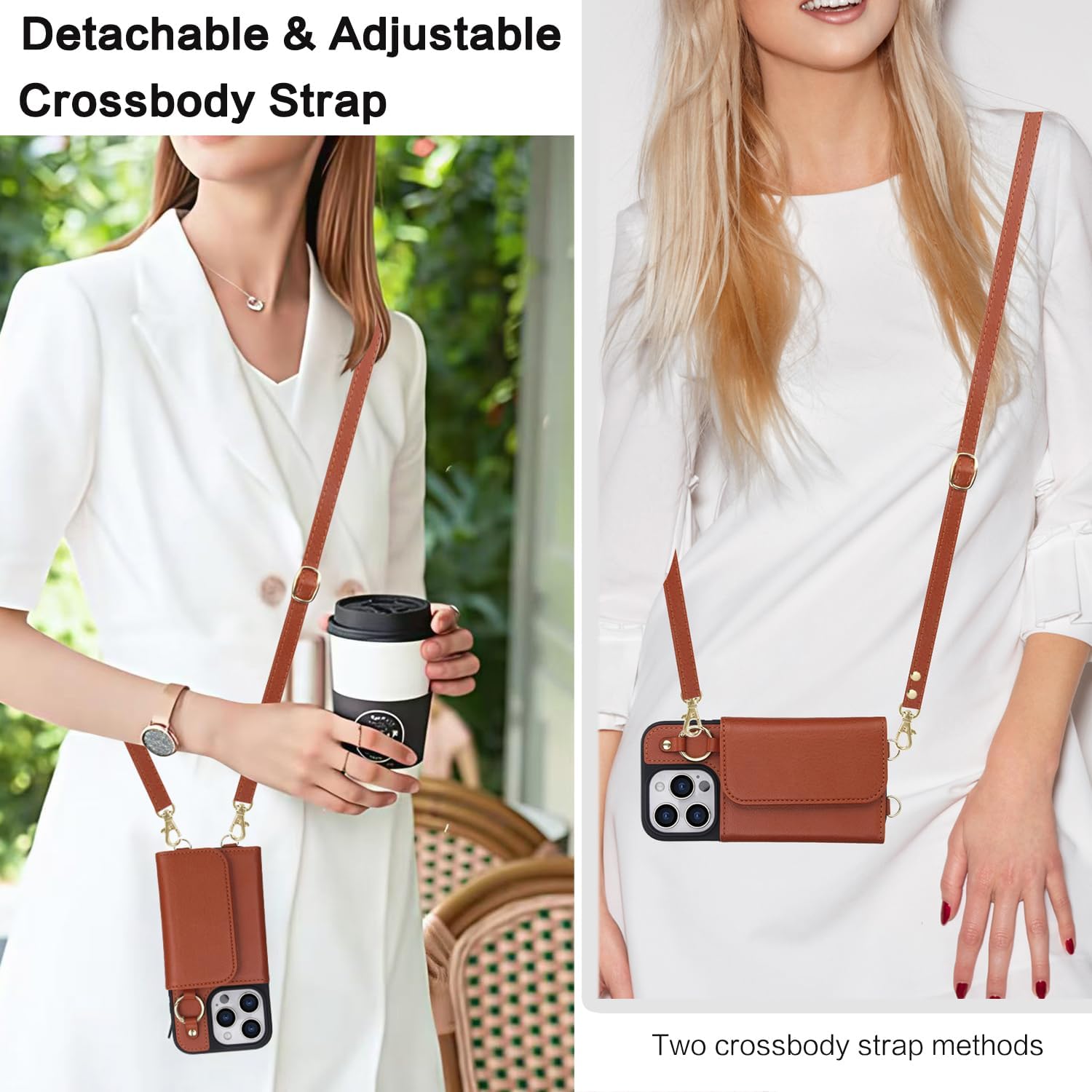 Phone Case for iPhone 15 Pro 6.1 inch Wallet Magnetic Detachable Cover and Screen Protector Compatible with MagSafe Crossbody Lanyard Strap RFID Blocking Flip i Phone15 i15 15Pro Women Men Brown