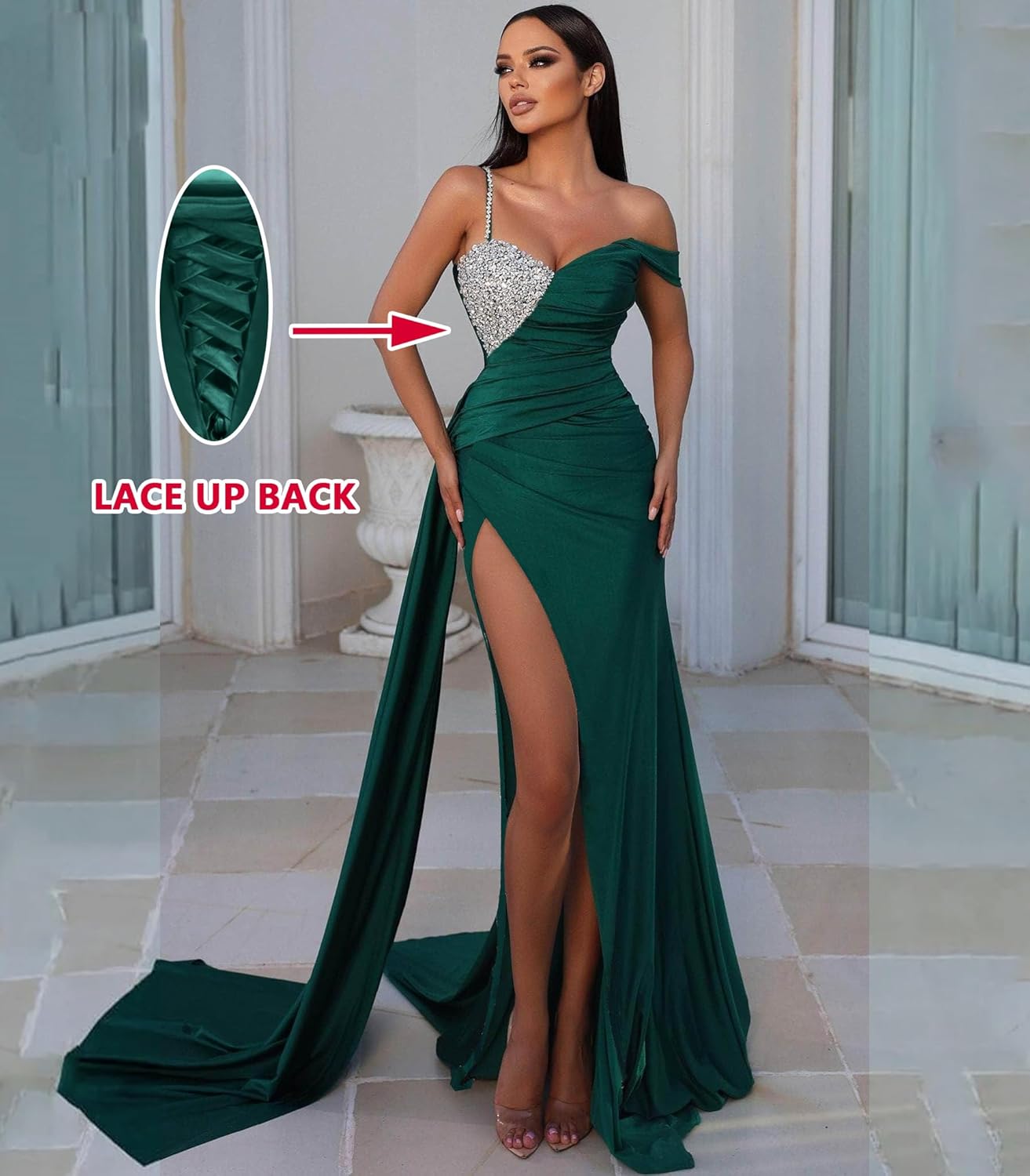 One Shoulder Mermaid Prom Dresses Long Sweetheart Sequin Slit Satin Formal Evening Party Gown with Train