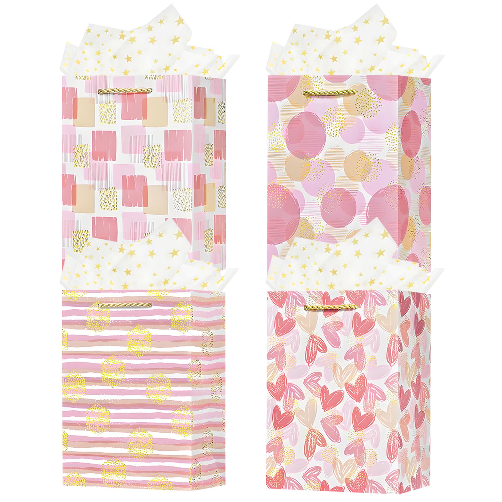 OFIHANLY 4 Pack 9" Small Size Happy Mothers Day Gift Bags with Handles for Mom Pink Heart Paper Gift Wrap Bags for Women with Tissue Paper