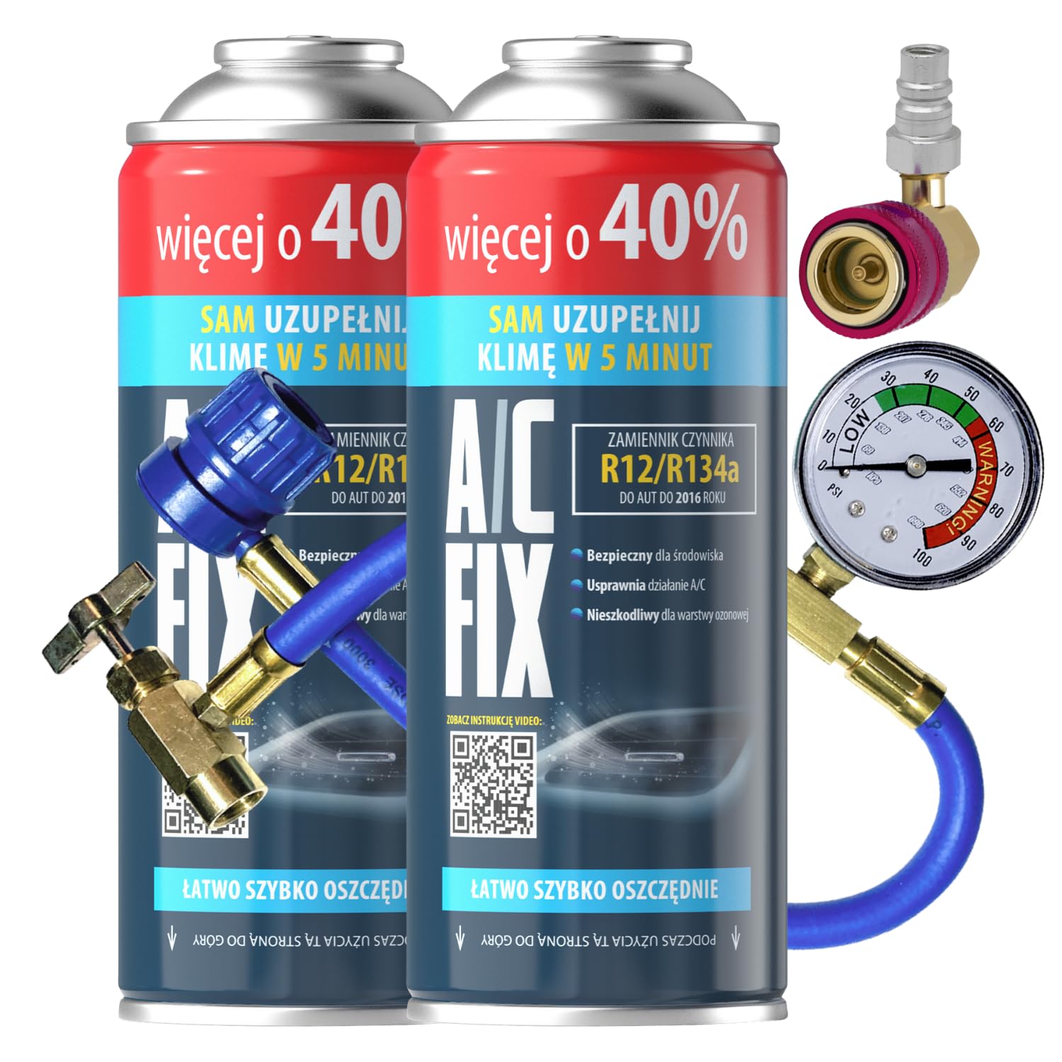 Remplacement du gaz Refrigerant R134a 2x235 g pour Climatisation avec Tuyau, Manom?tre et Adaptateur HP/LP pour Climatisation -Recharge climatisation Voiture - ECO