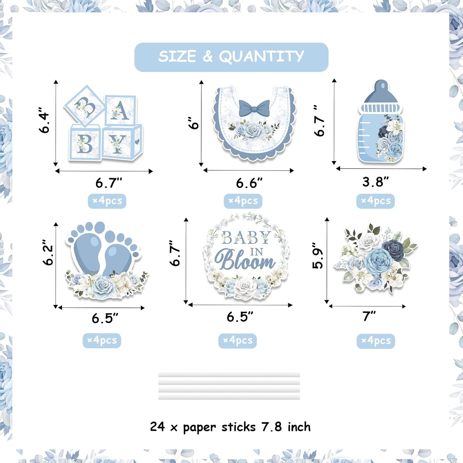 24Pcs Baby in Bloom Centerpiece Sticks Blue Floral Baby Shower Decorations Double Sided Printing Feeding Bottle Flower Table Toppers for Boys Baby Shower Gender Reveal Party Supplies