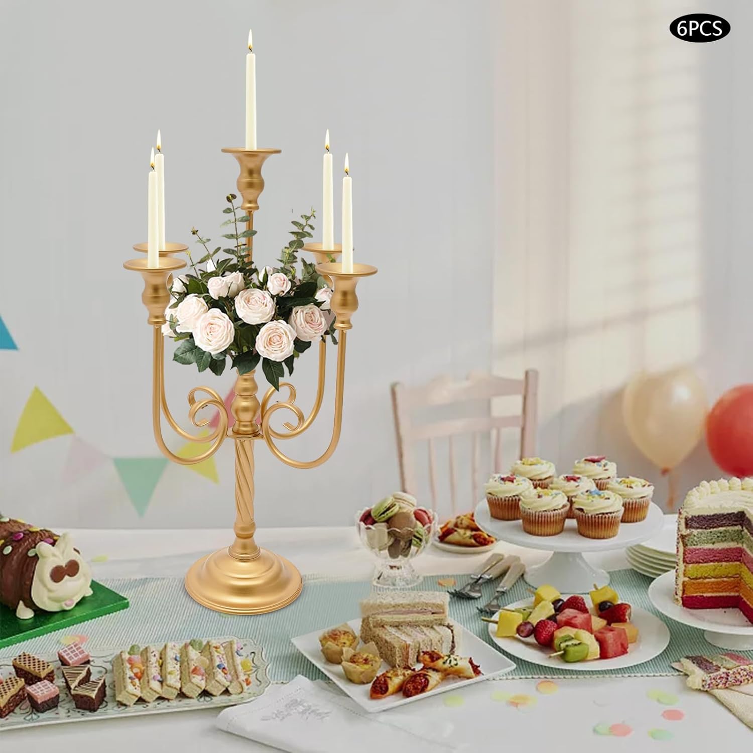 6Pcs 5-Arm Candelabra Centerpieces for Wedding, 20 Inch Tall Metal Candle Holder Candlestick Stand with 5.5in Round Base for Wedding Party Dinner Table Event, Gold