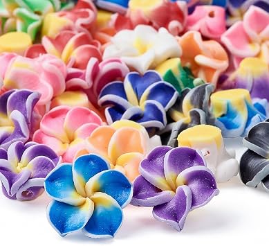 KISSITTY 200 قطعة عشوائية مختلطة اللون البوليمر اليدوية الطين 3D Plumeria زهرة الفاصل الخرز فضفاضة 12x8mm مع ثقوب 1-1.6mm لصناعة المجوهرات DIY   