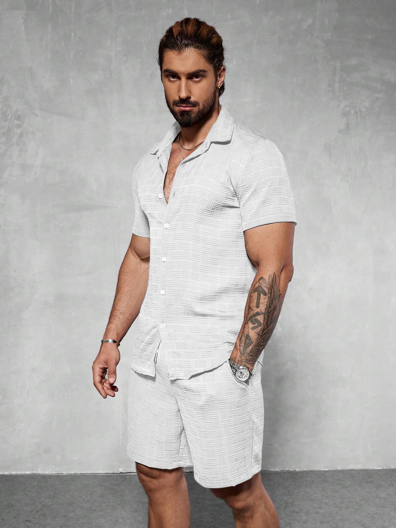GRECIILOOKS Tenue décontractée 2 pièces pour homme, chemise boutonnée et short, tissu léger en polyester mélangé pour la plage, les voyages, le salon, blanc, taille L