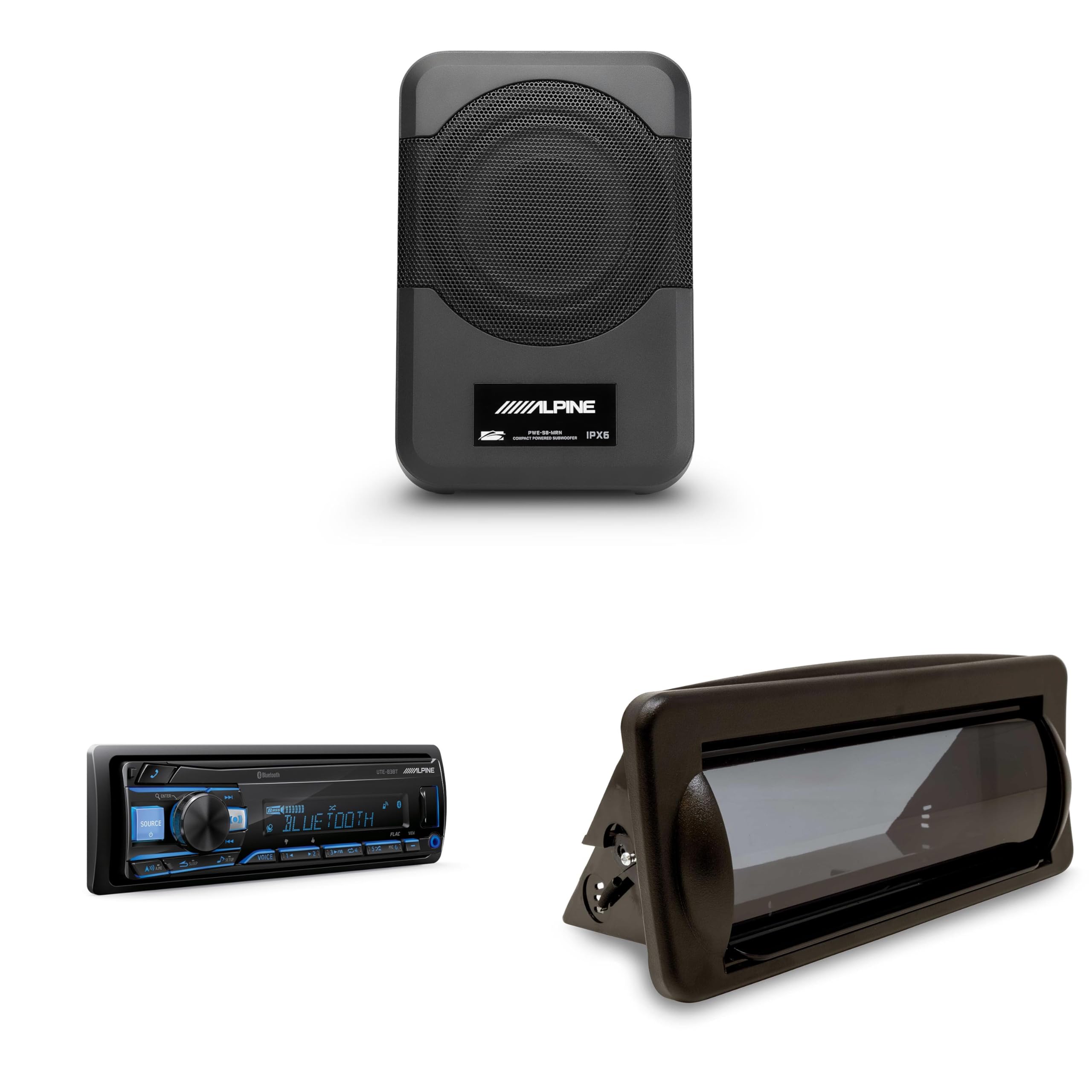 UTE-83BT Bluetooth Marine Radio Kit with CAMC1B Single-DIN Cover & PWE-S8-MRN Compact 8" Powered Marine Subwoofer by Alpine – Model alpinebdl260508-14