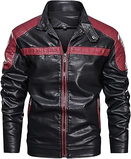 Maiyifu-GJ Motorcycle Jacket for Men Faux Leather Zip Up Windproof Moto Coat Stand Collar Vintage Bomber Windbreaker (Red,Small)