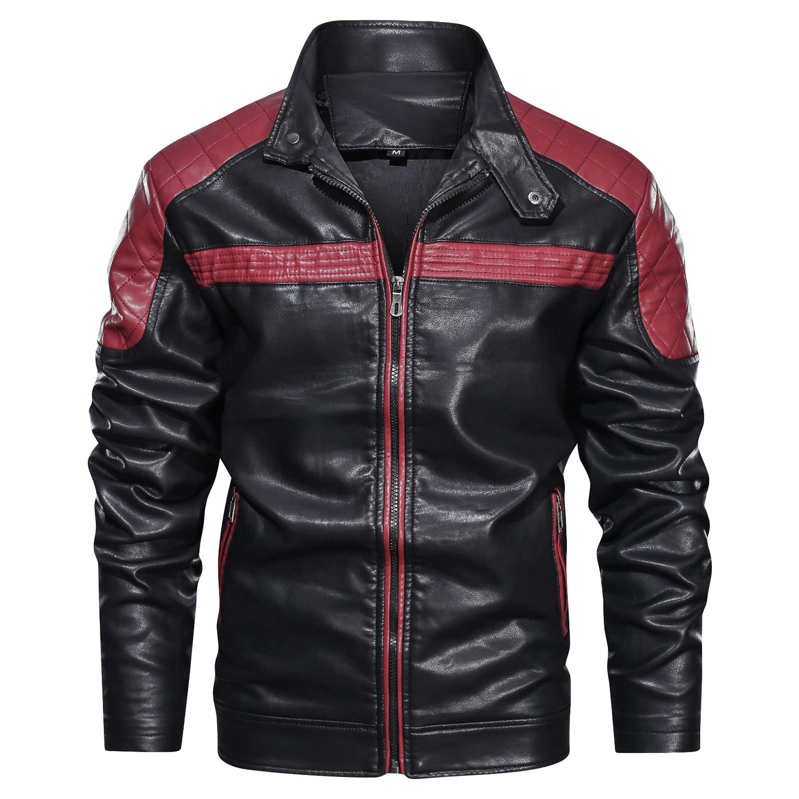 Maiyifu-GJ Motorcycle Jacket for Men Faux Leather Zip Up Windproof Moto Coat Stand Collar Vintage Bomber Windbreaker (Red,X-Large)