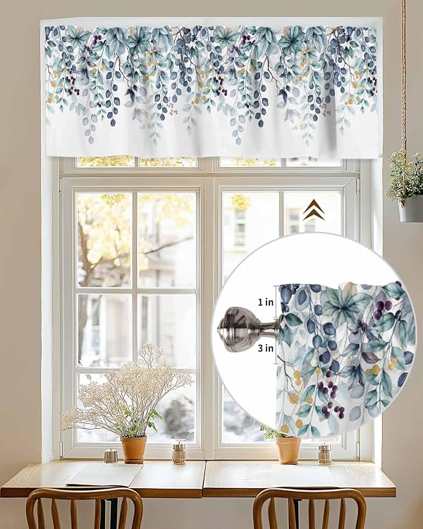 CosyBright Blue Eucalyptus Leaves Window Valance Watercolor Blue Plant Leaf Window Treatment Blue Green Leaves Rod Pocket Curtain Valance,42x12 inch Botanical Kitchen Valance for Bedroom Bathroom by CosyBright - Used condition - Image 7