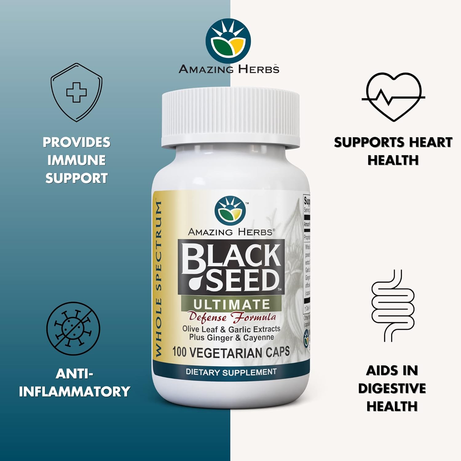 Amazing Herbs Whole Spectrum Black Seed Ultimate, Vegetarian Capsules - Olive Leaf & Garlic Extracts Plus Ginger & Cayenne, Gluten Free, Non GMO, Vegan - 100 Count (Pack of 2)