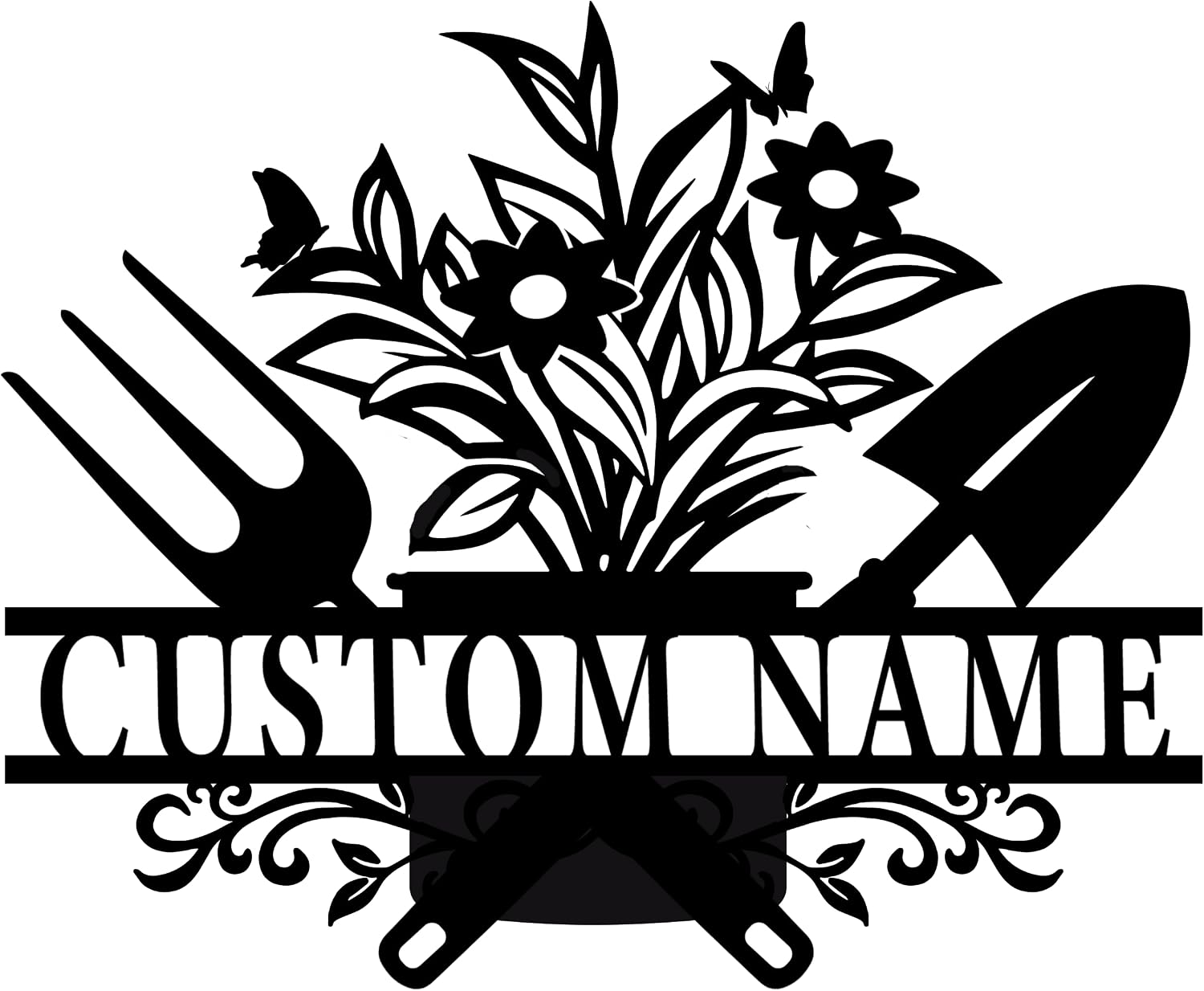 Personalized Garden Metal Wall Sign, Custom Name Plaque with Floral and Garden Tools Design