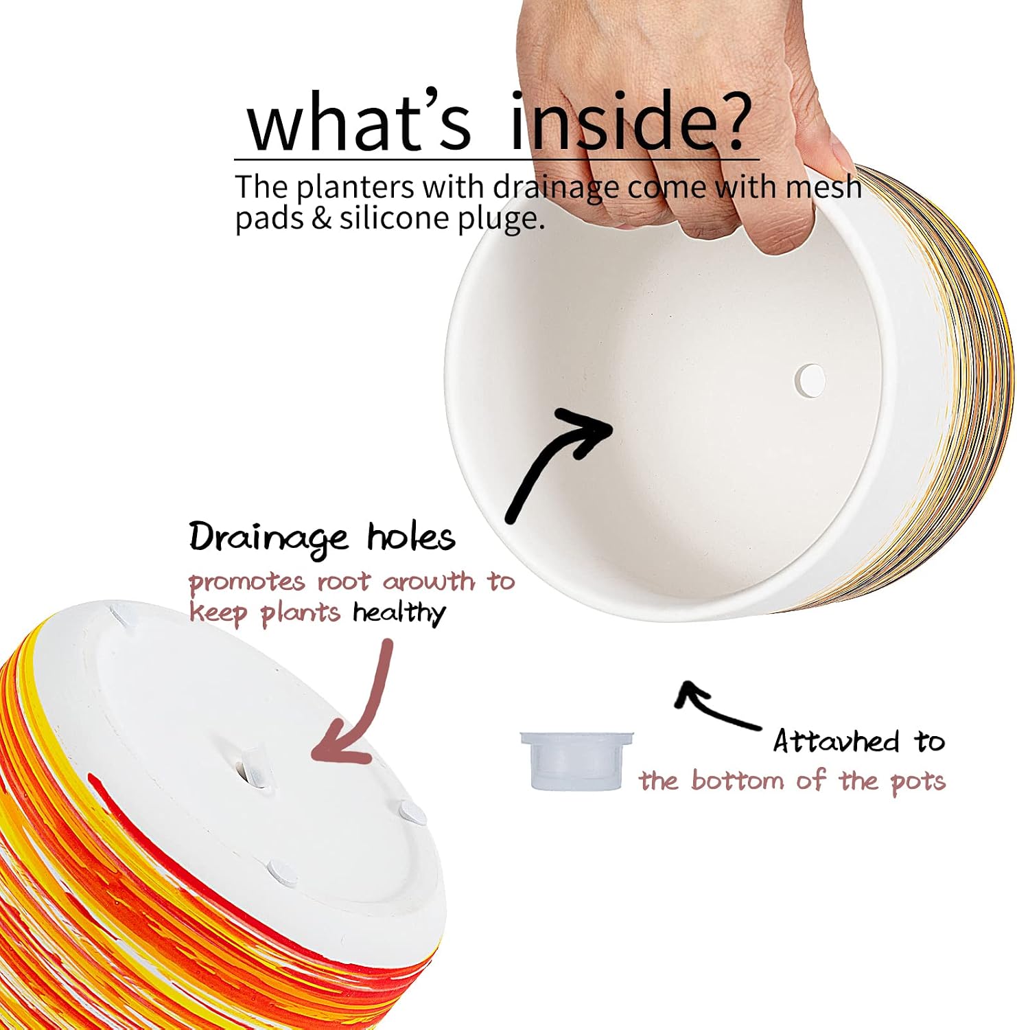 Ceramic Plant Pots 5.1+4.3+3.7 inch Hand-Painted Small Flower Pot Set of 3 Planters with Drainage Hole and Plug Used for Indoor Plants and Other Outdoor Garden（Orange）