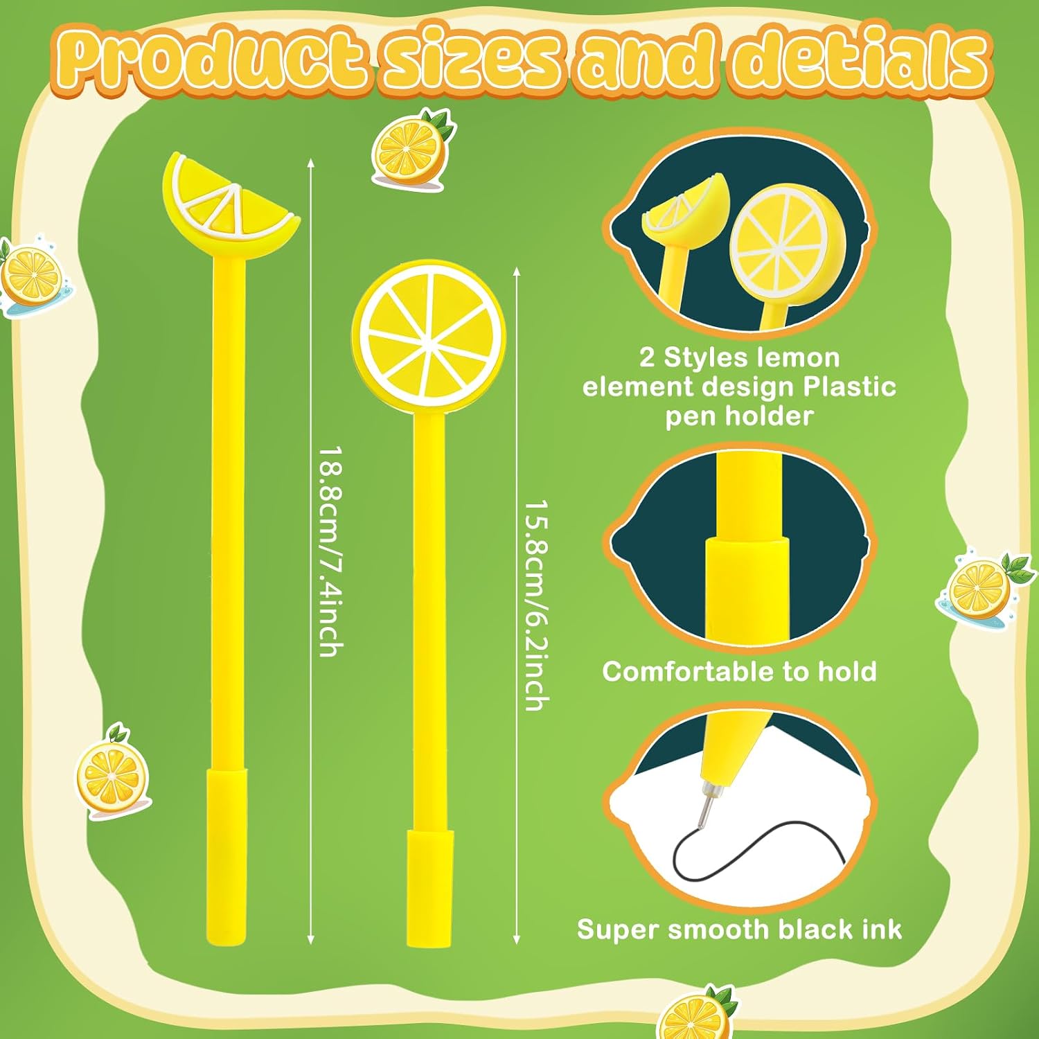 74 Pack Lemon Stationery Gift Set,24 Pcs 0.5mm Black Ink Lemon Ballpoint Pens 50 Pcs Vinyl Waterproof Lemon Stickers Lemon Party Inspirational Gift for Back to School Office Home Use image 3
