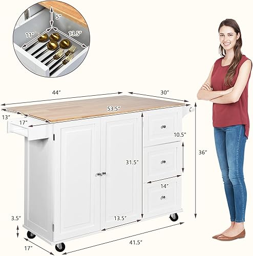 Miniatura 3 de LOKO Carrito de isla de cocina con hoja caída, isla de cocina rodante sobre ruedas con encimera de madera de goma, toallero, cajones, isla de cocina