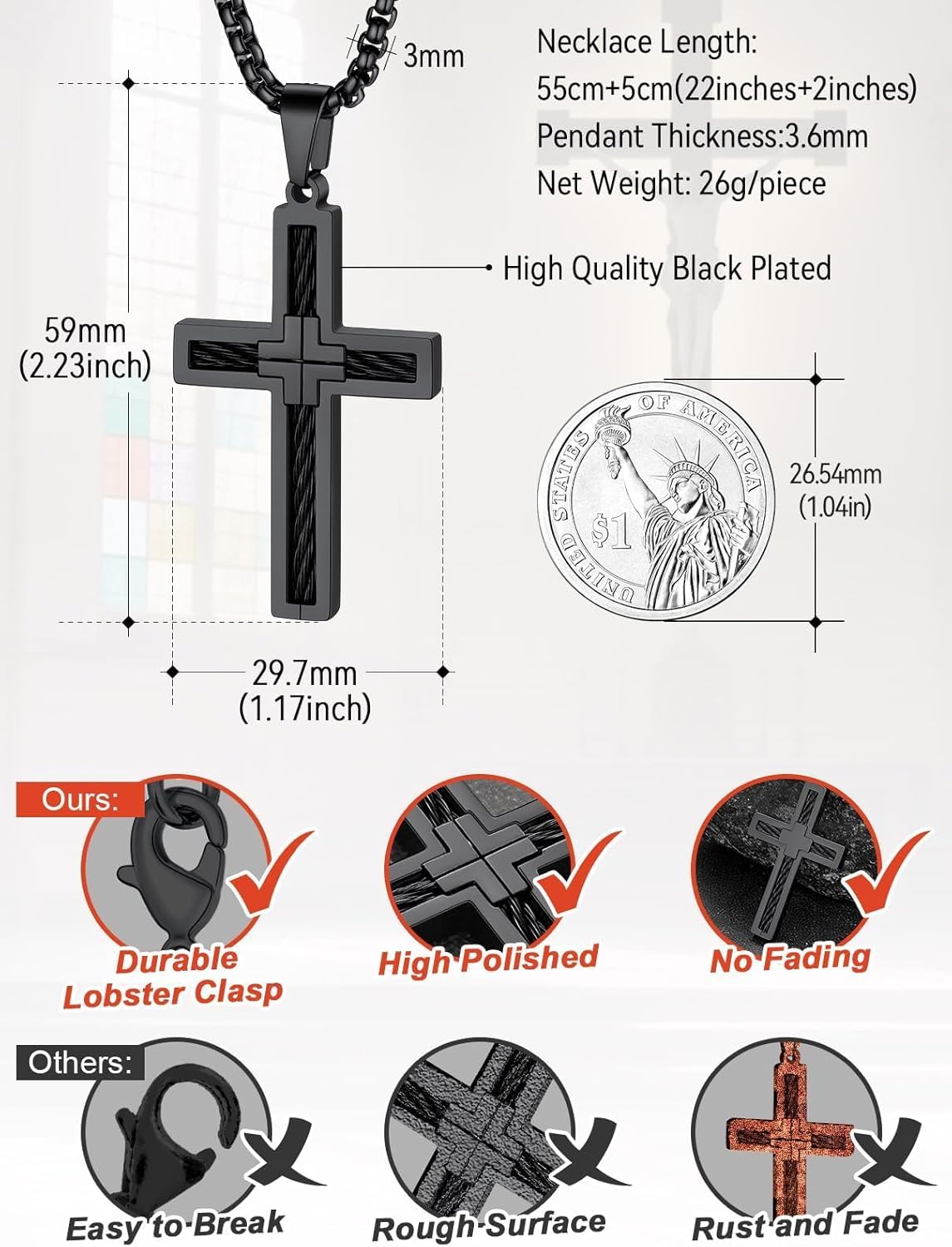 FaithHeart Stainless Steel Cross Necklace for Men, Silver/Black/Gold Cross Chains for Men Religious Amulet Necklaces Christian Gifts for Dad - Image 6