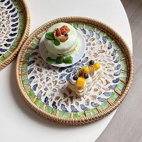 Miniatura 9 de Bandeja redonda de ratán con incrustaciones de madreperla, bandeja decorativa tejida a mano con base de madera,Cestas decorativas de mimbre bandeja