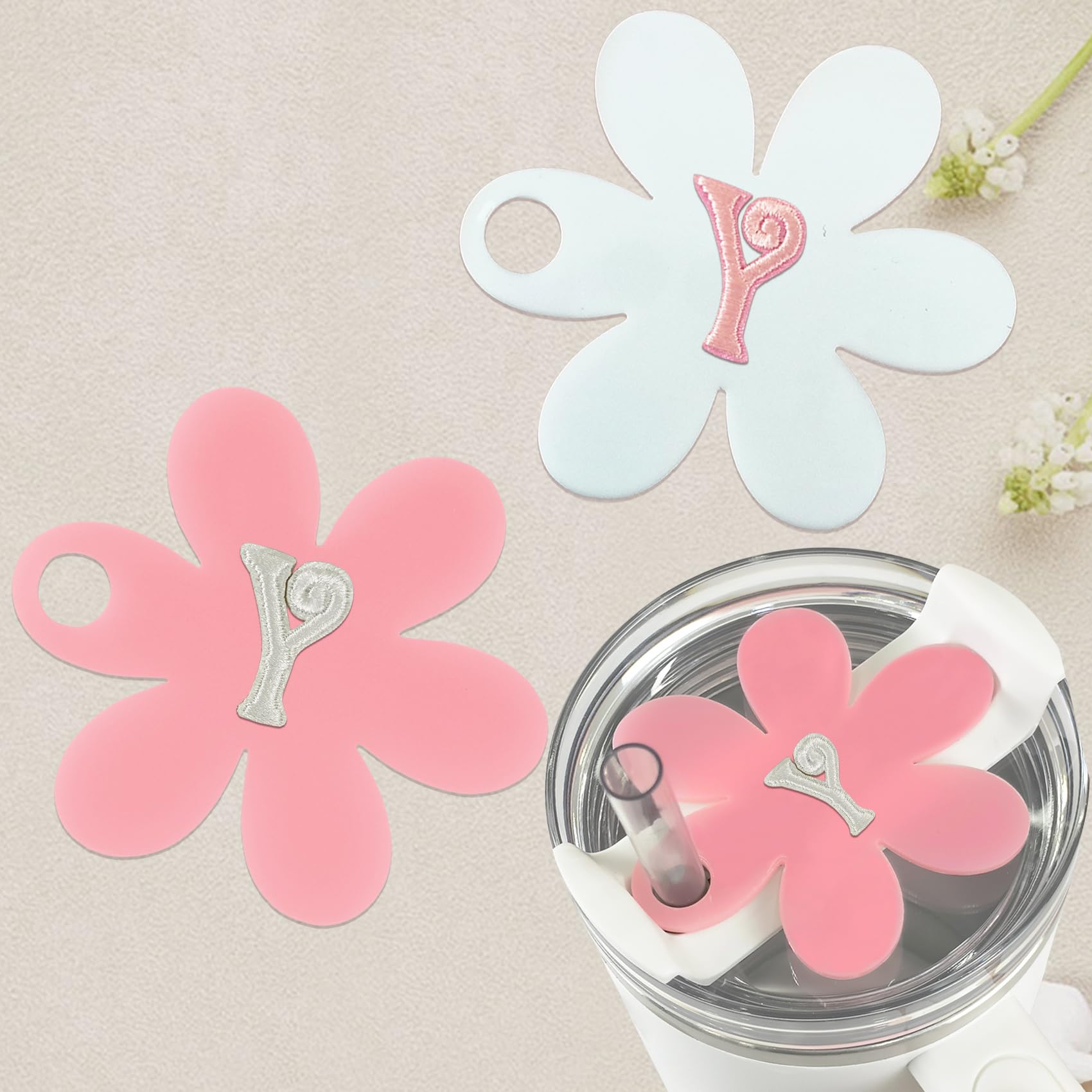 Aganmi 2PCS Personalized Initial Name Plate for Stanley H2.0 40 oz Tumbler, Preppy Acrylic Name Tag with Embroidered Letter Patch for Stanley Cup Lid Topper Accessories -Y, SPJ01601Y