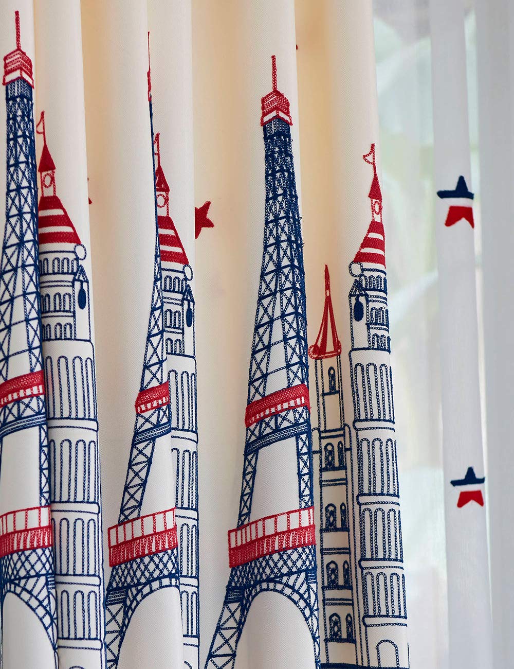 Lactraum Rideau Chambre Enfant Garçon Brodé Etoile Tour Eiffel Big Ben Coulissant Tour de Pisa Opaque avec Ruban Universel 145x245cm