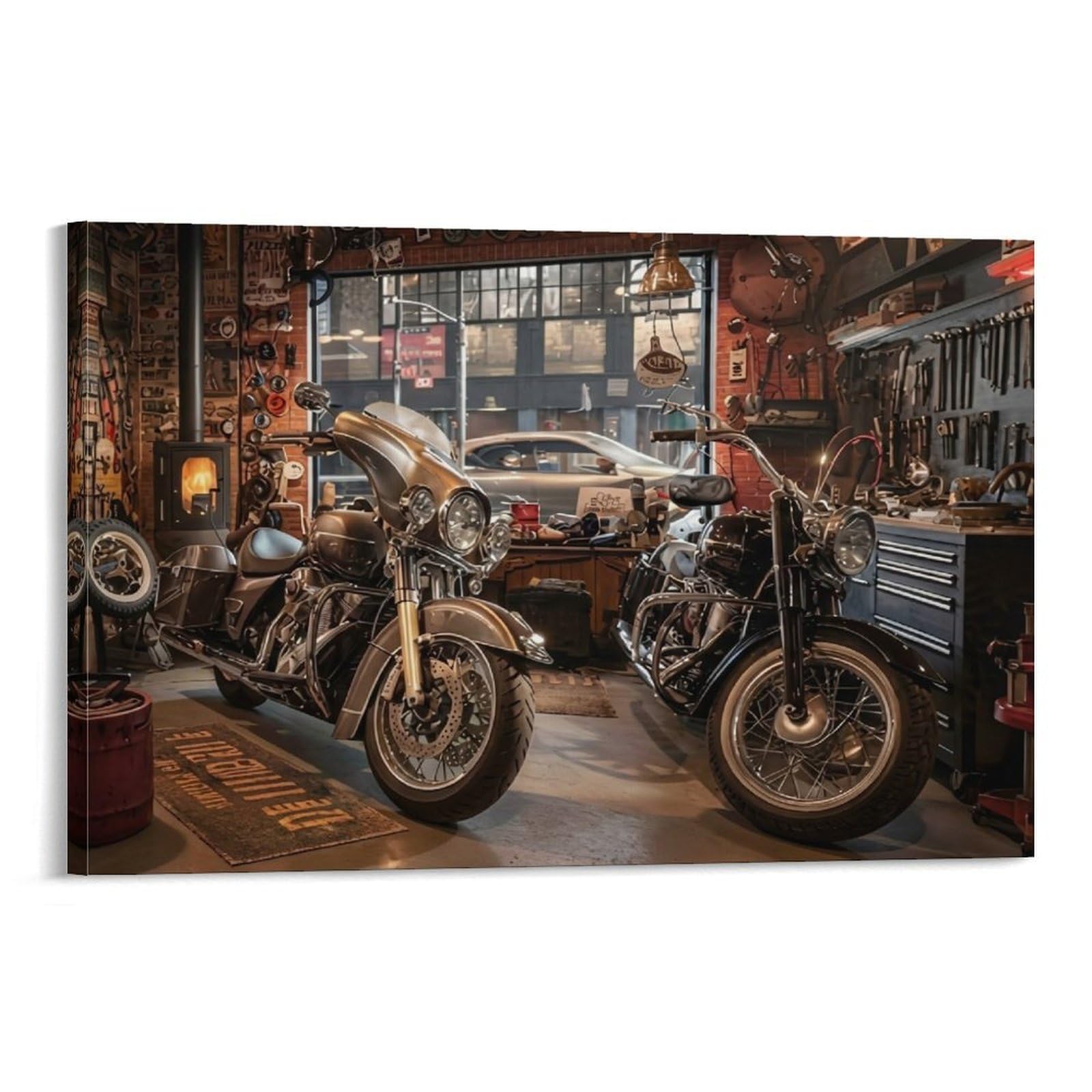 CPLVKWRQJ Vintage Motorcycle Garage Single Motorcycles in Vintage Garage Canvas Artwork - Nursery Canvas Wall Hanging Space Saving Ready to Hang Decor 20x30inch(50x75cm)