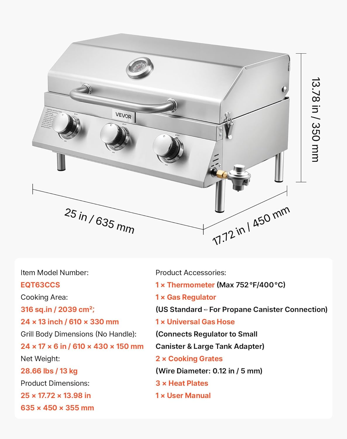 VEVOR Tabletop Gas Grill, 3-Burner Stainless Steel Portable Propane Grill, with Built-in Thermometer, Travel Locks, Weatherproof Lid, 22,500 BTU Total, for Outdoor Cooking, Patio, Party, Camping, RV