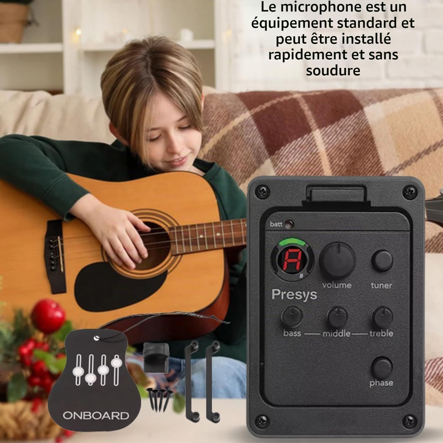 Préampli Guitare 3 Bandes Égaliseur de Guitare Acoustique Égaliseur Intégré Préampli Micro Tuner Outil de Guitare