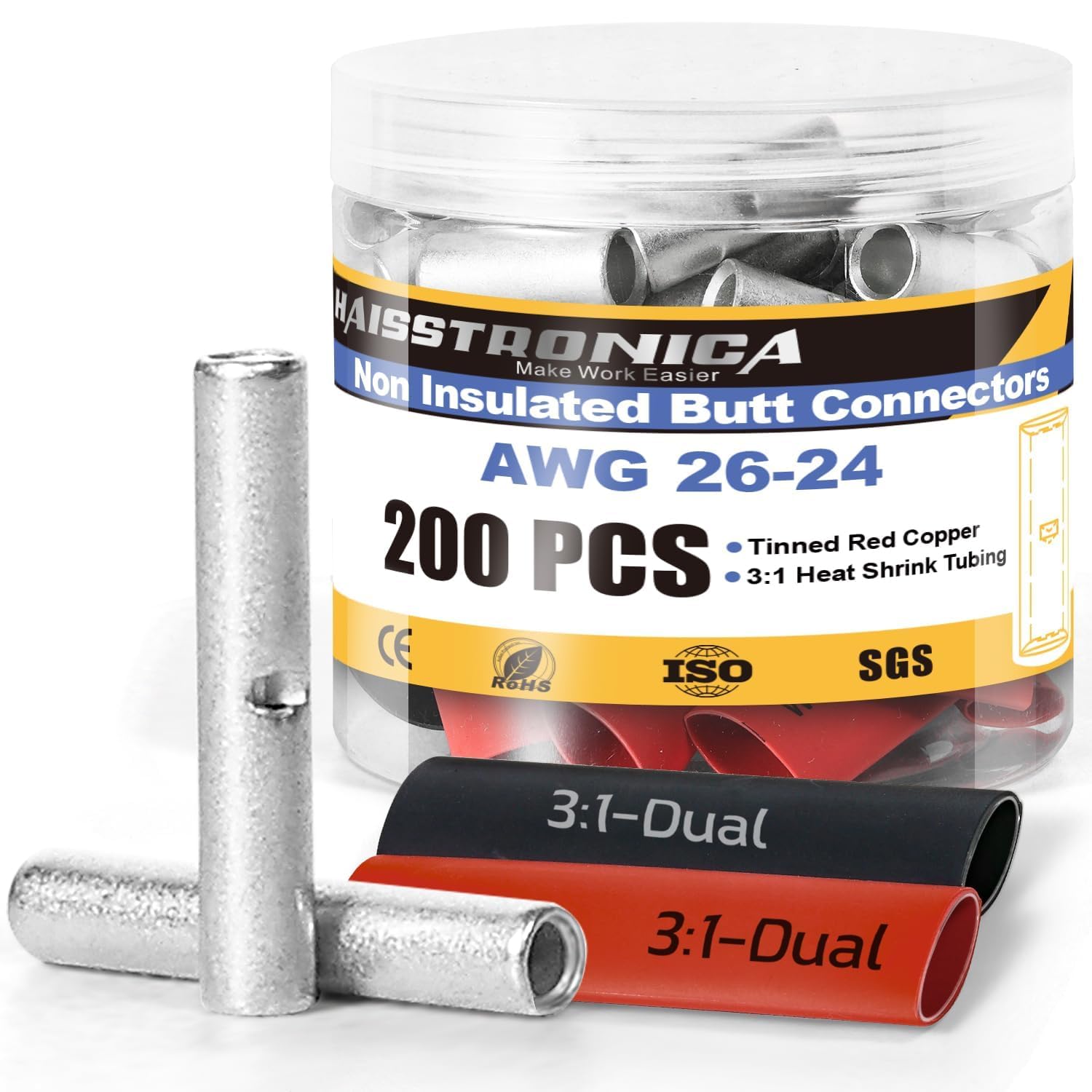 haisstronica 200PCS Non Insulated Butt Connectors Kit with Heat Shrink Tubing, AWG 26-24 Tinned Copper Seamless Butt Splice Terminals and 3:1 Shrink