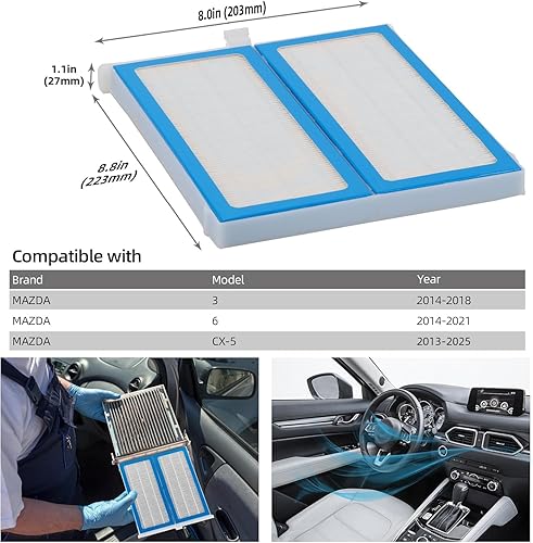Miniatura 3 de CF11811 - Filtro de aire de cabina compatible con Mazda 3 (14-18), 6 (2014-2021), CX-5 (2013-2023) reemplaza #KD4561J6X, KR1161J6X, MP111KD45 Filtro