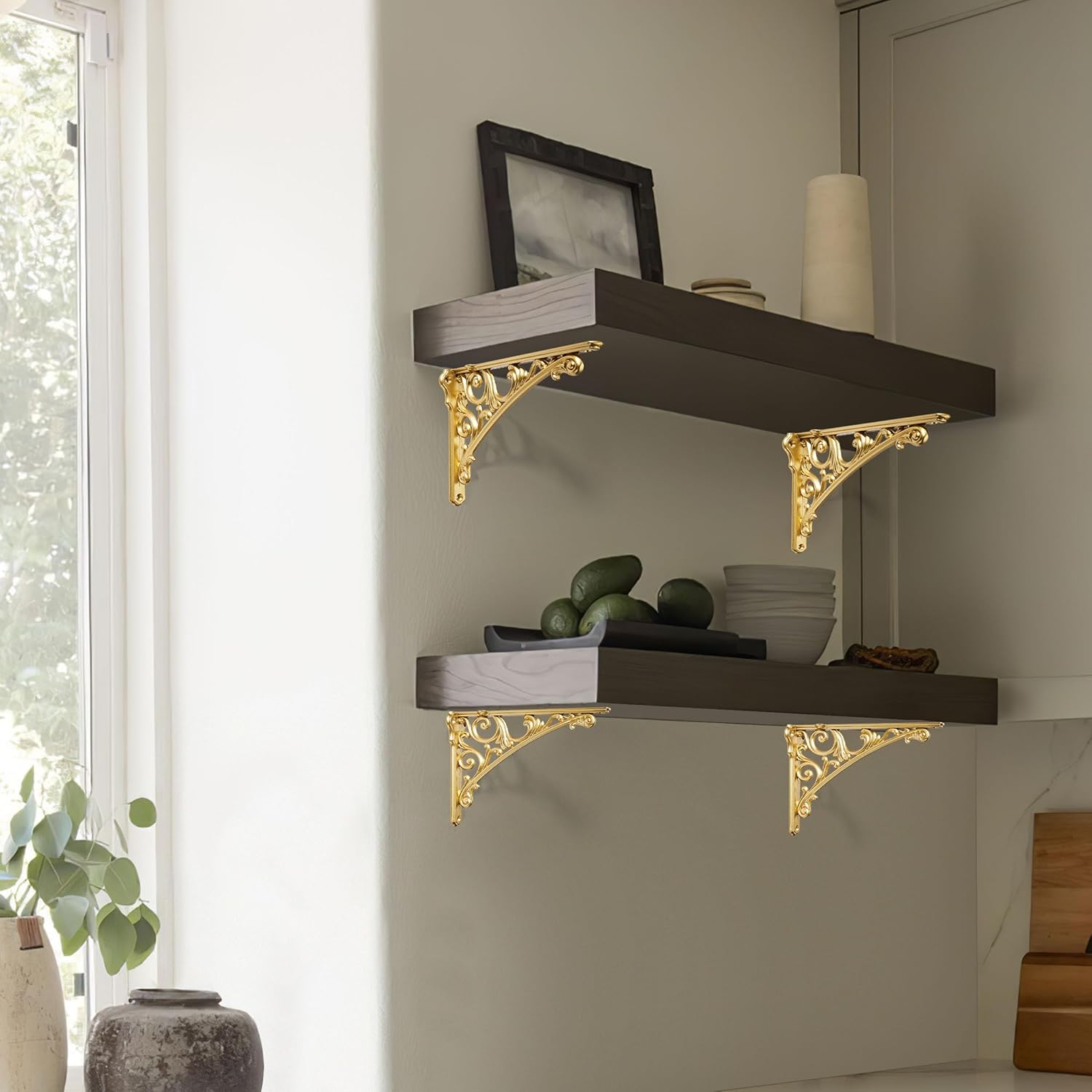 Khtumeware Shelf Bracket 8 Inch, Decorative Brackets for Shelving, Heavy Duty Vintage Ornate Shelf Bracket, Hardware Included, 4 Pack,Antique Gold Finish, 7.87x5.5x1.73 inch