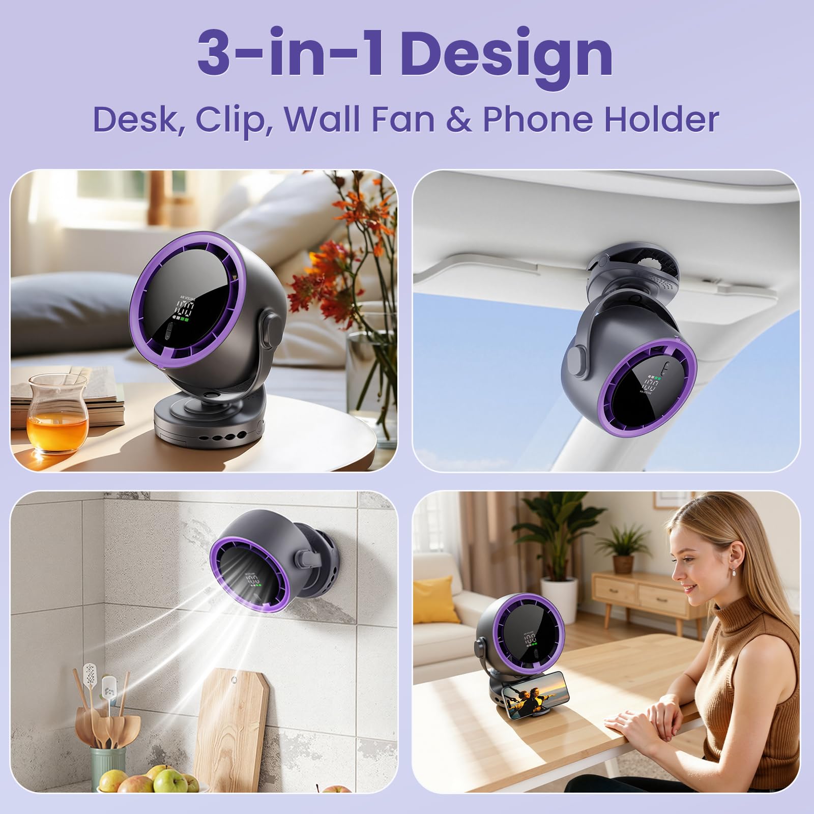 Ventilator Klein, 5000mAh USB Ventilator Akku mit Fernbedienung, 3-in-1 Design (Tisch/Clip/Wandmontage), 5 Stufen & 4 Timer, Dual 360° Rotation, für Schlafzimmer, Küche, Büro, Grau-Lila