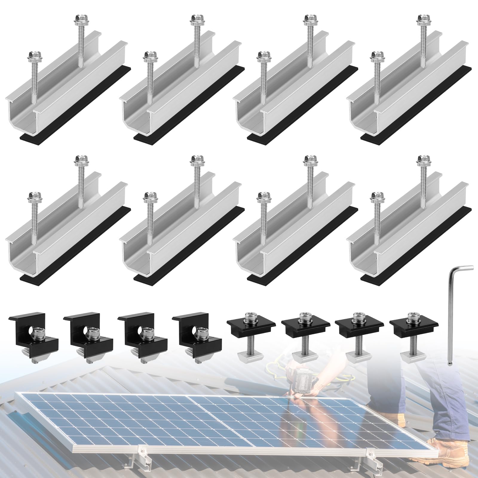 Kit Supporto Per Pannelli Solari 30/35mm - Binari Alluminio Per Tetto Piano/Balcone - Fissaggio Moduli Fotovoltaici