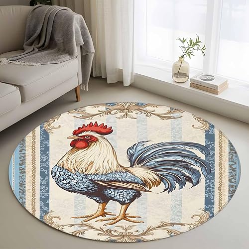 Miniatura 14 de 7ft Round Rug, Retro Rooster Non-Skid Rubber Backing Large Area Rugs - Living Room Bedroom Home Office, Striped Farmhouse Watercolor Animals Indoor