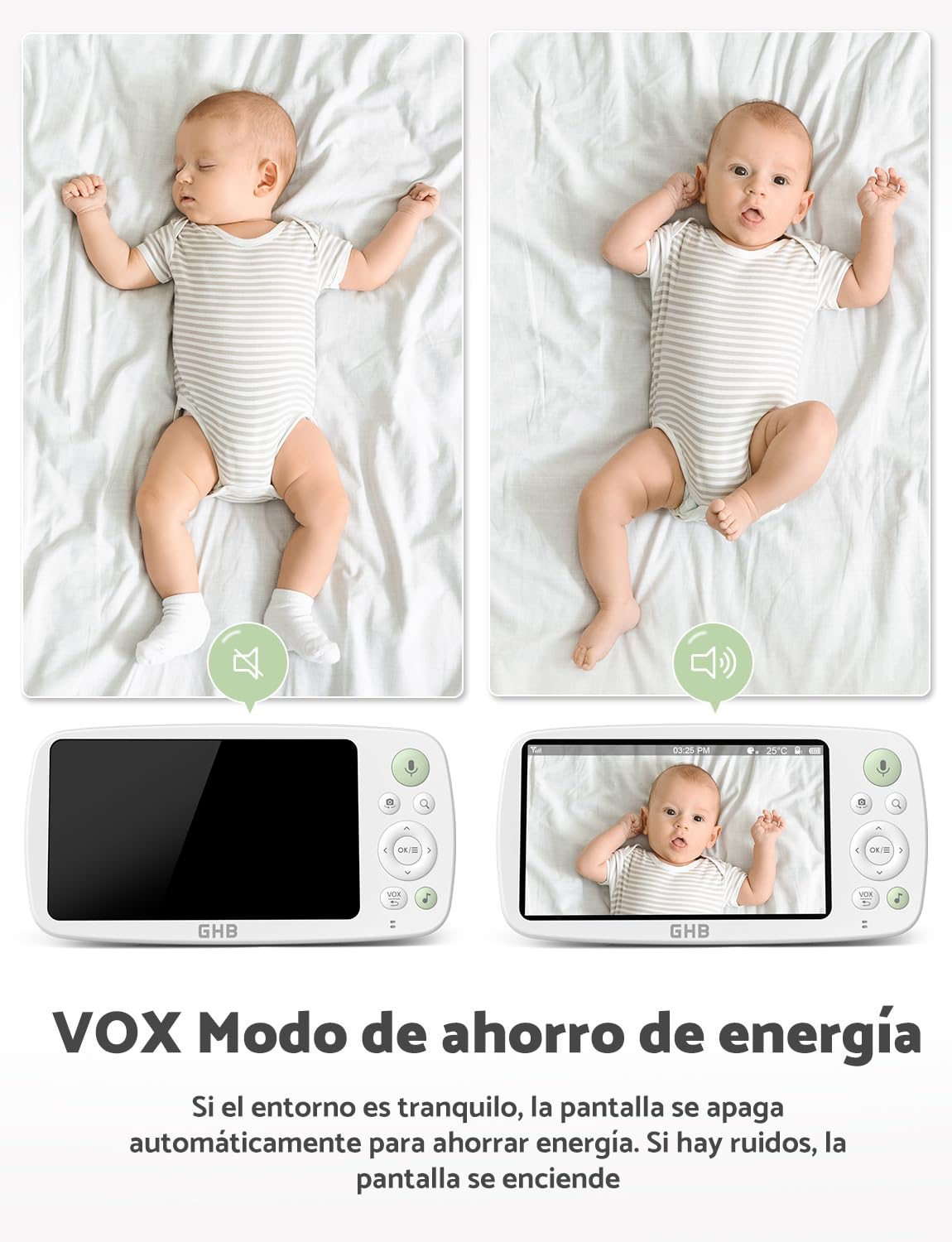 GHB Camara Vigilancia Bebe Vigilabebes con Camara con Pantalla IPS 5" 1080P Batería de 4000mAh Duración 7X 24 Horas Visión Nocturna Comunicación Bidireccional Escucha Bebes Admite hasta 4 Cámaras