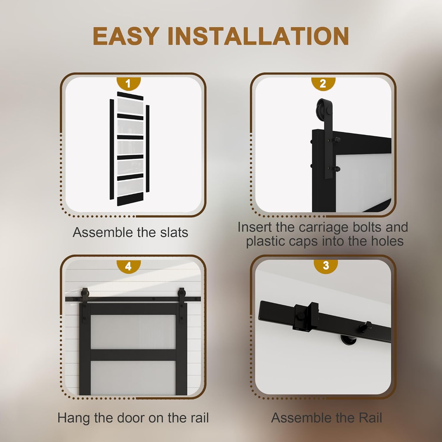 Four-step easy installation guide for a barn door: assemble slats, insert bolts, assemble rail, hang door