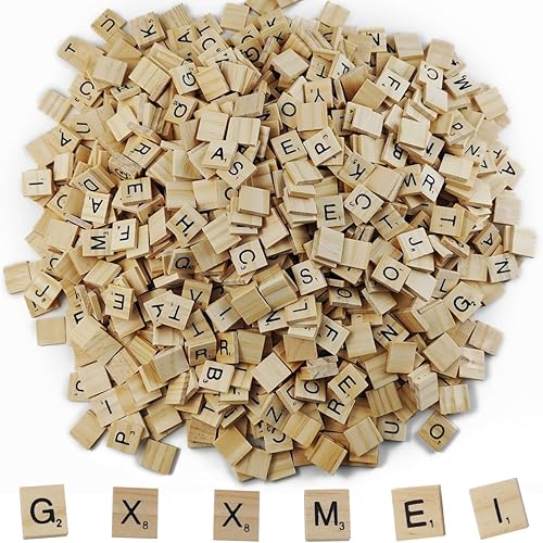 GXXMEI 1000 azulejos de Scrabble, azulejos de letras de madera, letras A-Z mayúsculas para manualidades, ortografía, juego de crucigramas de Scrabble